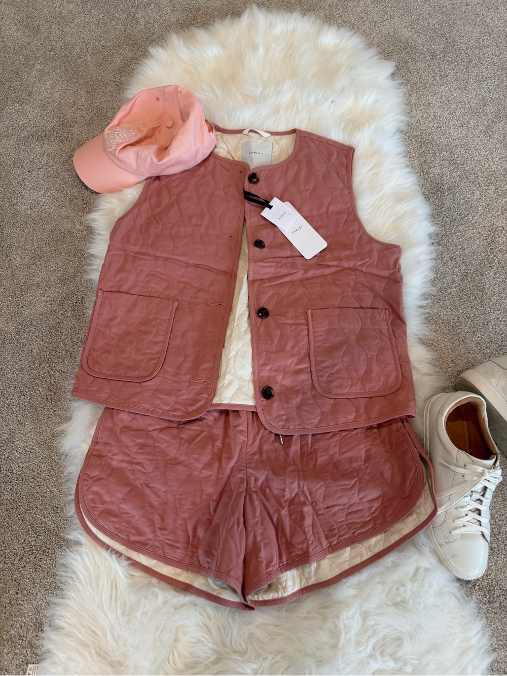 Varley Quilted Rose-Trimmed Vest + shorts